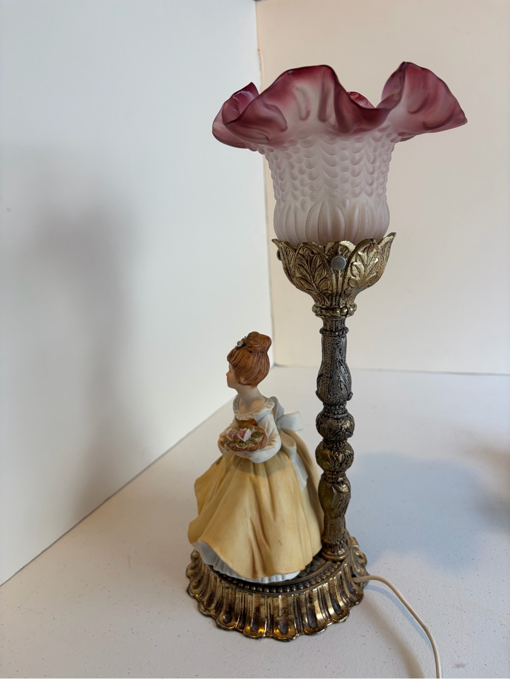 Vintage Victorian Lady Figurine Table Lamp Pink Floral Glass Boudoir Cottagecore - Picture 10 of 13